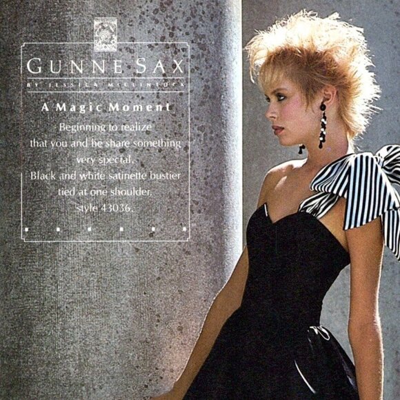 Vintage 1980s Gunne Sax Holiday Party Dress Black Satin Striped One Shoulder 9 - Picture 4 of 9